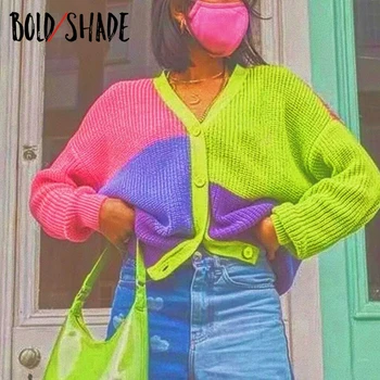 Bold Atspalvį Colorblocking Mezgimo V-kaklo, susagstomi megztiniai Prarasti Y2K Indie Estetinės Mados Derliaus Megztiniai 90s Harajuku Moterims Topai