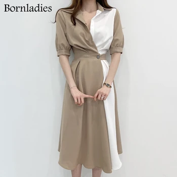 Bornladies Korėja Prašmatnus 2021 M. Vasaros Mados Elastinga Juosmens Suknelė Moterims Kontrasto Spalvų Siūlėmis Prarasti Trumpas rankovėmis Suknelė