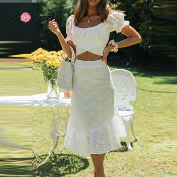 Conmoto Atsitiktinis dviejų dalių tinklelio, balta nėrinių suknelė moterims Derliaus bandange trumpas pasėlių top kostiumas vasaros Sluoksniuotos rankovėmis atostogų suknelė rinkiniai
