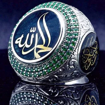 Derliaus Punk Žiedas Vyrams Papuošalai Musulmonų Arabų Dievas Pranešimą Piršto Žiedą Prabanga, Didelis Apvalus Žalia Mėlyna Akmuo Geros Kokybės Žiedai