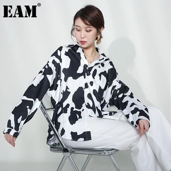 [EAM] Moterys Modelis Atspausdintas Juodos didelio Dydžio Palaidinė Naujas Atvartas ilgomis Rankovėmis Loose Fit Marškinėliai Mados Pavasario Rudens 2021 1DD544301