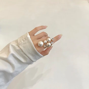 Elegantiškas Retro Negabaritinių Multi Pearl Žiedai Moterims Panele Blizga Krištolas Kalnų Krištolas Nereguliarus Korėjos Žavesio Žiedas Vestuvių Papuošalai