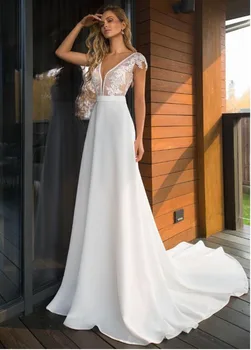 Elegantiškas Satino V-kaklo-line Vestuvių Suknelės Baltos Moterys Lady 2021 Boho Vestuvinės Suknelės Backless Vestido de noiva Plius dydis