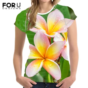 FORUDESIGNS Havajai Plumeria Gėlių Raštas Moterys Vasarą Harajuku trumpomis Rankovėmis Viršūnes Moterų Paplūdimio Atsitiktinis marškinėlius Minkšti Drabužiai Mujer
