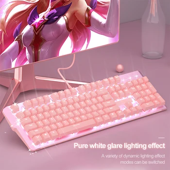 Girly Rožinė Žaidimų Mechaninė Klaviatūra 104 Klavišai USB Sąsaja Laidinė Klaviatūra White Backlight Tinka Žaidėjai, PC 