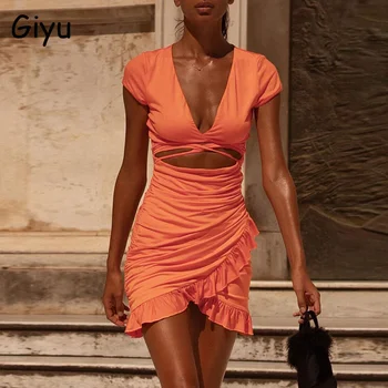 Giyu Vasaros Suknelė Moterims 2021 Seksualus Raukiniai Tvarstis Bodycon Mini Suknelės Elegantiškas V Kaklo Lankas Tuščiaviduriai Iš Ruched Vestidos Balta Skraiste