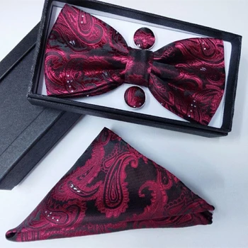 Gravata borboleta šilko dovanos vyrams bowtie Kišenėje Aikštėje anakardžių gėlės peteliškę ir nosinė su cufflink nustatyti paisley kaklaraištis