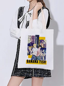Harajuku Anime Bananų Žuvų Grafinis Ponios Pirkinių Krepšys Rankinės Audinio Canvas Tote Maišai Moterų Daugkartinio Naudojimo Peties Shopper Bags