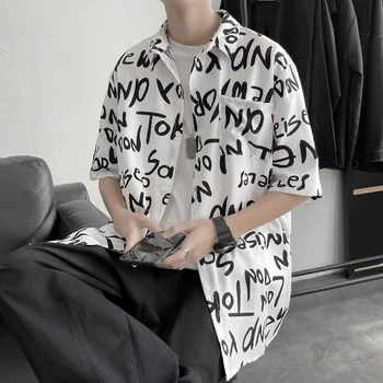 HYBSKR 2021 m. Vasarą Vyrams Laišką, kuriame Spausdinami Marškinėliai Ledo Šilko Trumpas Rankovės Marškinėliai Jaunimo Tendencija Palaidų Gėlių Viršūnes Hip-Hop Vyrų Streetwear