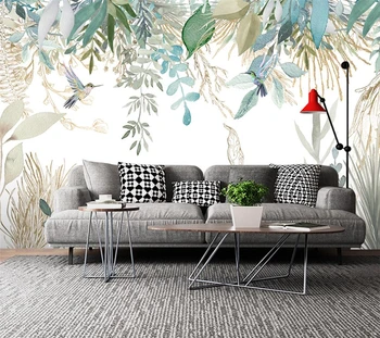 Individualizuotos fono paveikslėlį 3D Šiaurės ranka-dažytos mažų šviežių tropinių augalų lapų, žiedų ir paukščių freskomis kambarį fono sienos