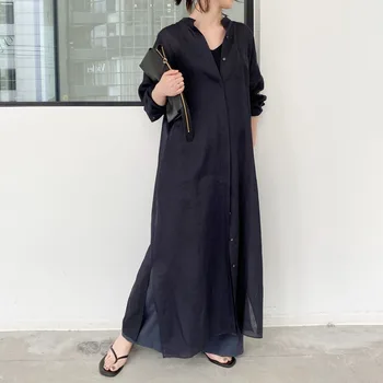 Japonijos korėjiečių Stiliaus 2021 M. Vasarą Naujų vientisos Spalvos Ilgas Moterų Suknelė Single-breasted Splitas Šakių Prarasti Atsitiktinis Paprastumas