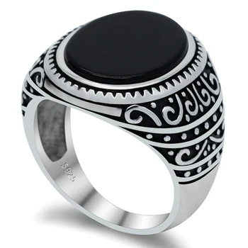 Juodos spalvos vyriški Žiedas su Agato, 925 Sterlingas Sidabro Ovalo formos Natūralus Plokščio Akmens Žiedas Derliaus Iškirpti Dizaino Papuošalai, Vyrų Vyro Dovana