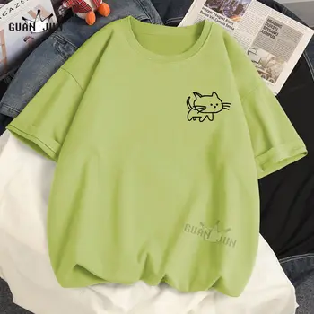 Katės ir Žuvų Pora Vasaros Mielas marškinėliai Streetwear Harajuku Rožinė Kawaii Japonijos Viršūnių Ulzzang Moteris Geltona Žalia Oranžinė Tshirts