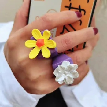 Korėjos Spalvinga Daisy Gėlių Širdies Turas Lokys Geometrinis Aikštėje Stambusis Žiedai Moterims, Elegantiška Violetinė Akrilo Dervos Žiedai, Papuošalai