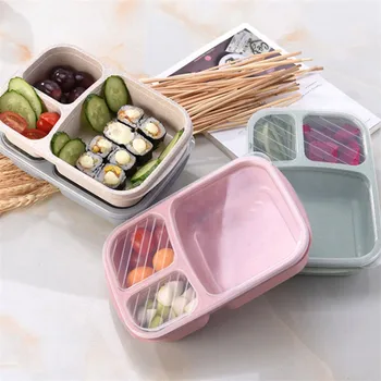 Kviečių Šiaudų Lunchbox Microwaveable Pietūs Bento dėžutėje 3 Skyrių Darbo Miltų Saugojimo Dėžutės Maisto produktų, Vaisių Bakas