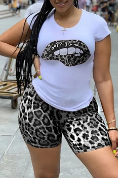 Leopard Lūpų Spausdinti Dviejų Dalių Rinkinys Moterims Seksualus Vasaros Streetwear Trumpas Rankovės Atsitiktinis Y2k Viršūnes Estetinės Liesas Šortai Nustatyti Apranga