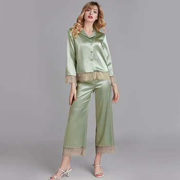 LIEPOS DAINA Elegantiškas Dėmių Šilko Moteris Pižama Komplektas 2 vnt Pavasario Vasaros Sleepwear Sexy Nėrinių Pižama ilgomis Rankovėmis V-kaklo, Homewear
