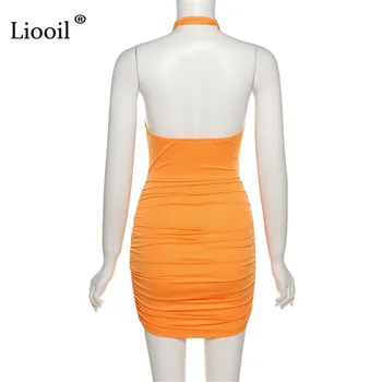Liooil Seksualus Ruched Apynasrio Bodycon Mini Suknelė Moterų Berankovis Vasaros Backless Tuščiaviduriai Out Juoda Balta Oranžinė Šalies Paplūdimio Suknelės