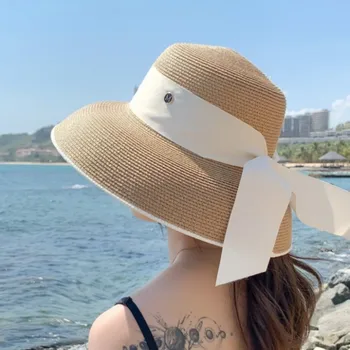 M Raidė Atspalvį Bžūp Šiaudų Skrybėlę Spalvų Atitikimo Lankas Mazgas Mados Prancūzijos Hepburn Mažas Kvapnių Skrybėlę Lauko Paplūdimio Skrybėlę