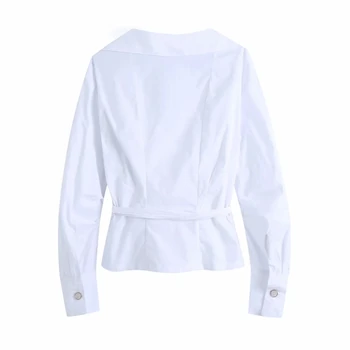 Mados Moterų Kryžiaus V-Kaklo Įvyniojimas Marškinėliai Moteriška Balta Ilgomis Rankovėmis Palaidinė Atsitiktinis Lady Prarasti Viršūnes Blusas S8750
