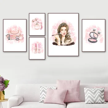 Mados Pink Krepšys Lūpų Makiažas Mergina, Šiaurės Plakatai Ir Spausdina Modernios Sienos Meno Tapybos Drobės Sienos Nuotraukas, Už Kambarį