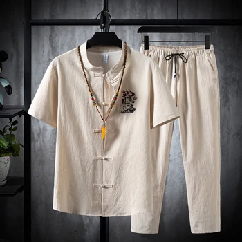 (Marškinėliai + kelnės) vasaros vyrų Medvilnės ir lino marškiniai trumpomis rankovėmis vyriški laisvalaikio marškinėliai vyrams nustatyti drabužių dydis M-5XL TZ029