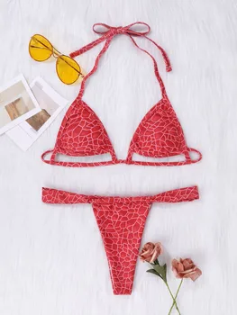 Micro Thong Raudona Spausdinti Bikini Moterų Maudymosi Iškirpti maudymosi Kostiumėliai, Push Up Biquini Seksualus, Apynasrio Maudymosi Kostiumai Dirželis Bikini Komplektas 2021