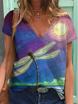 Mielas Drugelis Dragonfly Spausdinimas marškinėliai Moterims V Kaklo 2021 M. Vasaros Nauji Didelio Dydžio Megztinis Mados Marškinėlius Drabužių Ponios Tee