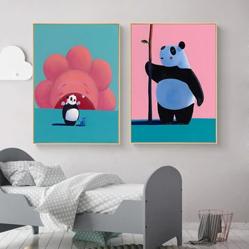 Minimalistinio Šiltų Spalvų Animaciją Mielas Gyvūnų Panda Drobė Spausdinti Plakato Tapybos Šiaurės šalių Sienos Nuotrauka Kūdikių, Vaikų kambario Dekoro