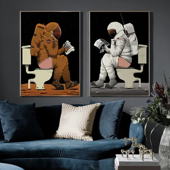 Modernus Nordic Juokingas Animacinių filmų Astronautas Tualetas, Vonios kambarys, Sienos Meno Tapybos Drobės Plakatai ir Spausdina Sienos Nuotraukas, Namų Dekoro