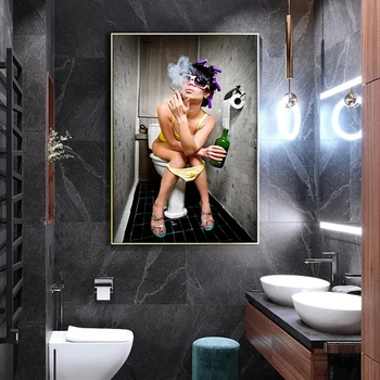Modernus tualetas seksuali moteris drobė, tapyba, graviravimas baras mergina rūkyti ir gerti vonios sienelės paveiksl plakatas apdaila