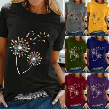 Moterų marškinėliai trumpomis Rankovėmis 2021 Elegantiškas Kratinys Apvalios Kaklo Gėlių Spausdinti Mados Atsitiktinis Palaidų Ponios Marškinėliai Moteriška T-shirt R5