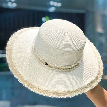 Moterų retro butas šiaudų skrybėlę su dideliais kraštais kraštais skrybėlę M standartas pajūrio atostogų paplūdimio skrybėlę skėtį nuo saulės top hat