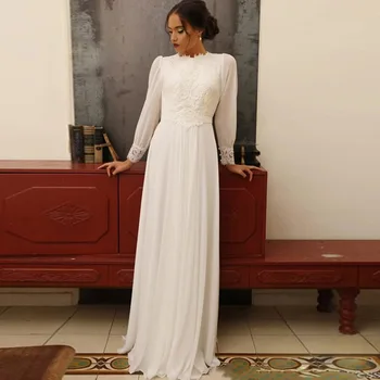 Musulmonų Vestuvės Suknelės-line ilgomis Rankovėmis Šifono Appliques Zawalcowany Dubajus arabų Vestuvių Suknelė Vestuvių Suknelė Vestido De Noiva