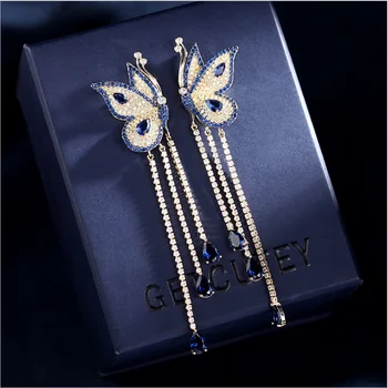 Nauja stiliaus elegantiškas ilgas kutas drugeliu auskarai su mikro inkrustacijos mėlyna cirkonis auskarai