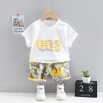 Naujas 0-5 metų amžiaus kūdikiui vasaros mielas kuprinė kieta, T-marškinėliai, šortai, paprastas atsitiktinis dviejų dalių berniukų medvilnės sporto kamufliažinis kostiumas