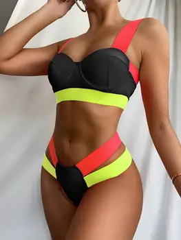 Naujas Sujungimas Push up Liemenėlė Puodelis Bikini Moterims maudymosi kostiumėlį Moterų maudymosi Kostiumėliai, Dviejų vienetų Bikini komplektas Thong Bather Maudymosi Kostiumą Plaukti Panele