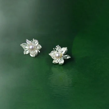 Nepriklausoma kurti naujų sidabro perlamutro inkrustacijos gėlių auskarai išskirtinį asmenybės ponios dovana šaliai, aksesuarai, papuošalai