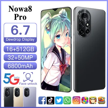 Nowa8 PRO 6.8 Didelio Ekrano Mobilusis Telefonas, Ultra-plonas Stiklinis Ekranas 16+512 GB 