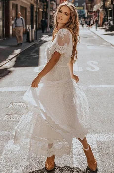 Nėriniai Elegantiškas Moteris, Rudens Dress Tuščiaviduriai Iš Baltos Kulkšnies Ilgis Suknelė Pasinerti V-Kaklo Pusė Rankovės Nėrinių Suknelė Maxi Suknelė