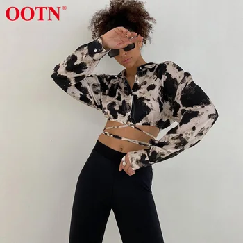 OOTN Streetwear Seksualus Pasėlių Viršuje Leopard Moterų Marškinėliai ilgomis Rankovėmis Backless Tvarstis Derliaus Spausdinimo Vasaros Palaidinė Femme Trumpos Elegantiškos Viršų