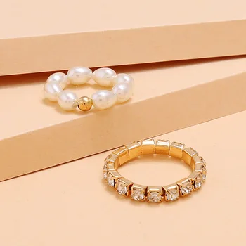 Paprasta Blizga Aukso Spalvos Karka Žiedai Moterims Boho Imituojamas Crystal Pearl Ring Set Bohemijos Midi Piršto Papuošalai