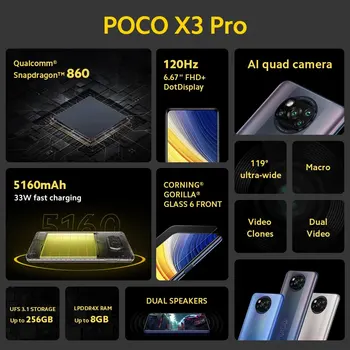 POCO X3 Pro Pasaulinė Versija 6GB 128GB/8G 256 GB NFC Išmanųjį telefoną Snapdragon 860 33W 120Hz DotDisplay 5160mAh