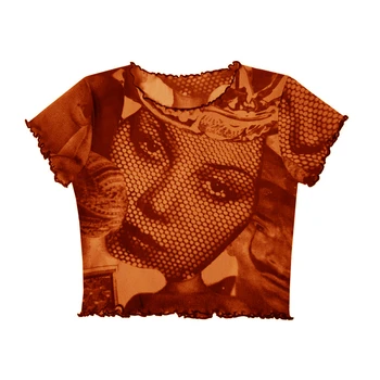 Portretas Grafinis Spausdinti marškinėliai Gotikos E-mergina, Grafika 90s Y2K Moterų trumpomis Rankovėmis Pasėlių Viršuje Harajuku Hip-Hop Streetwear Viršūnes Tees