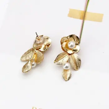 Prabangus Aukso Tonas Baroko Perlas Lapų, Gėlių Auskarai 