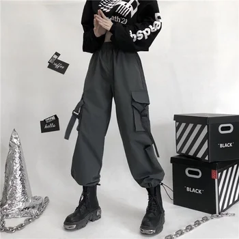 QWEEK Streetwear Krovinių Kelnės Moterims Harajuku korėjos Mados Negabaritinių Juoda Gotikos Emo Techwear Kišenės Laisvas Kelnes moterims