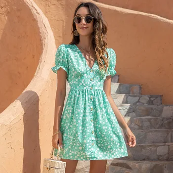 QWEEK Vasaros Atsitiktinis Moterų Suknelės 2021 Gėlių Spausdinti Žalia Trumpas Rankovės Wrap Mini Suknelė Kuokštelinių Paplūdimio atostogų Atostogų Sundress