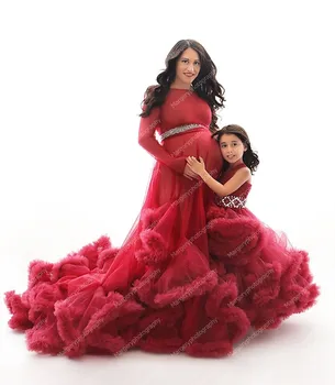 Reljefiniai Mama Ir Vaikai Tiulio Fotosesiją Suknelės Papildomų Reljefiniai Ilgomis Rankovėmis Kristalų Juostos Su Traukiniu Motinystės Chalatai