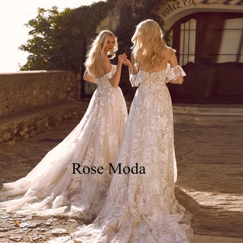 Rose Moda Off Peties Bžūp Rankovėmis Dramblio kaulo per Šampano Nėrinių Vestuvinė Suknelė
