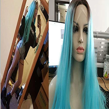 Rudos Spalvos Pastelinės Mėlynos Ombre Šilkiniai Tiesiai Sintetinių Nėriniai Priekiniai Perukai Tamsios Šaknys Artimųjų Atsisveikinimo Glueless Karščiui Atsparus Pluoštas Plaukų